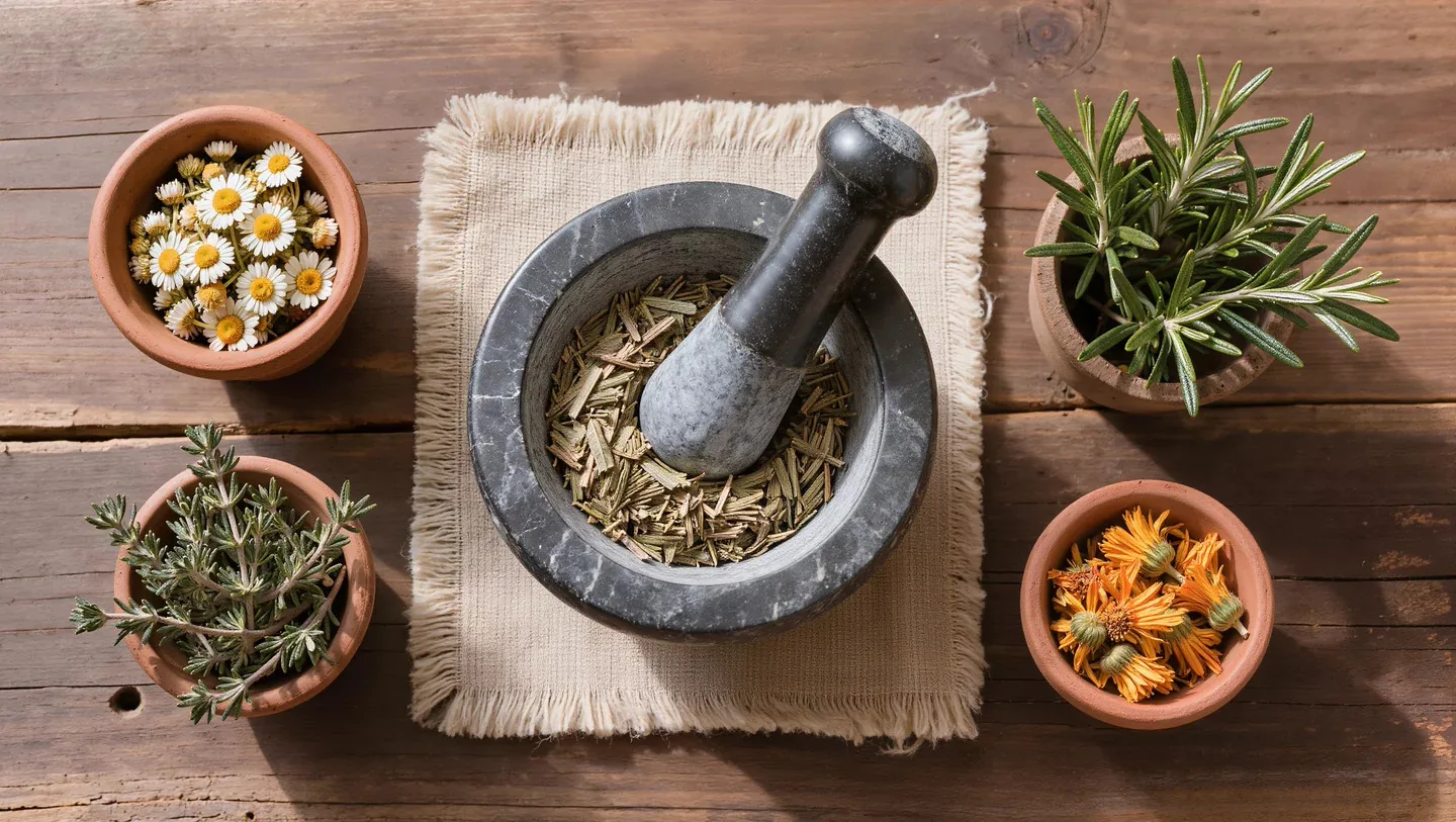 Mörser mit getrockneten Kräutern auf Jute-Flatlay — sachliches Praxis-Tableau